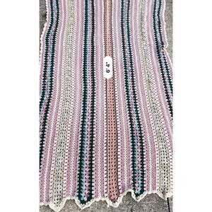 Vintage Crochet Afghan Blanket Striped Purple White